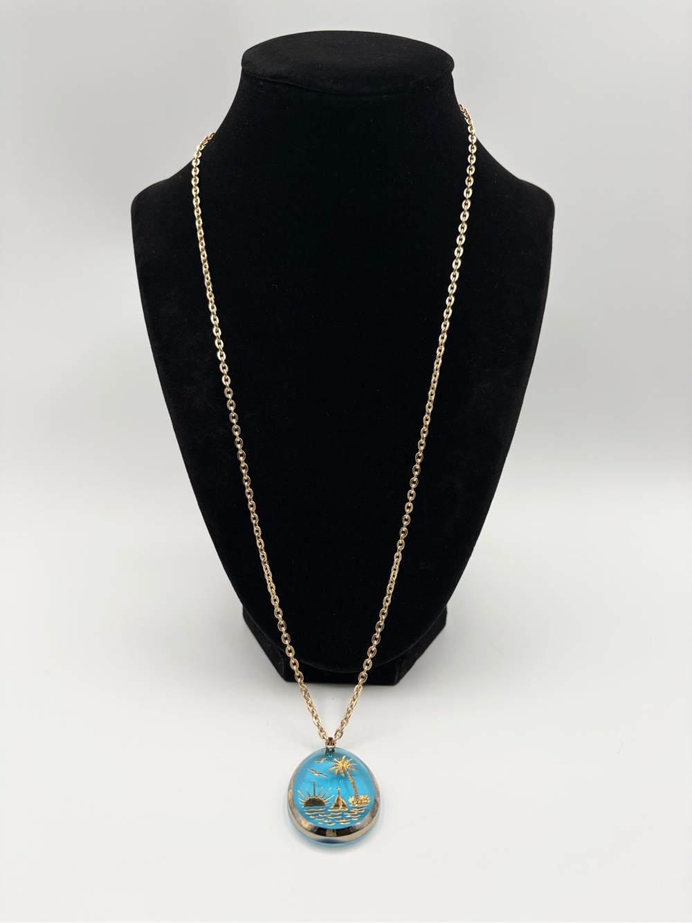 Vintage German Blue Tropical Scene Pendant Necklace